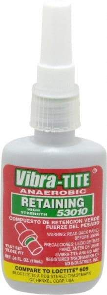 Vibra-Tite - 10 mL Bottle, Green, High Strength Liquid Retaining Compound - Series 530, 24 hr Full Cure Time, Hand Tool Removal - Industrial Tool & Supply