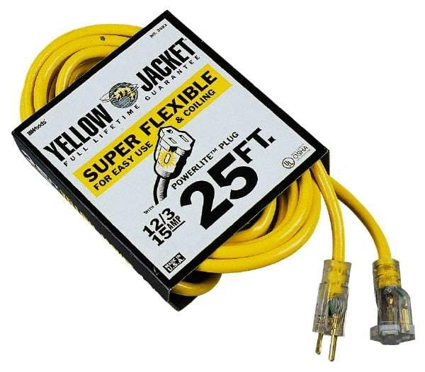 Southwire - 25', 12/3 Gauge/Conductors, Yellow Outdoor Extension Cord - 1 Receptacle, 15 Amps, 125 VAC, UL SJTW-A, NEMA 5-15P, 5-15R - Industrial Tool & Supply