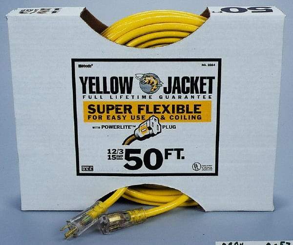 Southwire - 50', 12/3 Gauge/Conductors, Yellow Outdoor Extension Cord - 1 Receptacle, 15 Amps, 125 VAC, UL SJTW-A, NEMA 5-15P, 5-15R - Industrial Tool & Supply