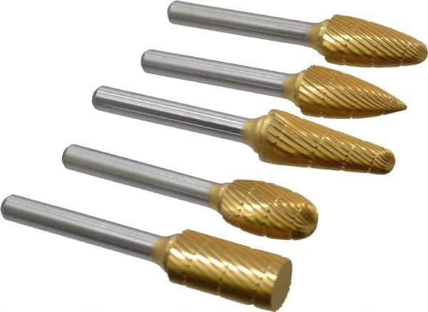 Made in USA - 5 Piece, 1/2" Shank Burr Set - Tungsten Carbide, Multiple Head Shape - Industrial Tool & Supply