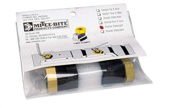 Mitee-Bite - 13/16" Brass Hex, 9/16" T-Slot, 3/8-16 Stud Thread, Symmetrical Hex Clamp - 1/4" Hex Height, 2,000 Lb Holding Force, 3/4" Long Thread, 20.8 Ft/Lb Torque, 2 Clamps - Industrial Tool & Supply