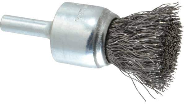 Weiler - 3/4" Brush Diam, Crimped, End Brush - 1/4" Diam Steel Shank, 22,000 Max RPM - Industrial Tool & Supply