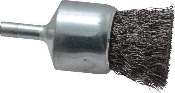 Weiler - 1" Brush Diam, Crimped, End Brush - 1/4" Diam Steel Shank, 22,000 Max RPM - Industrial Tool & Supply