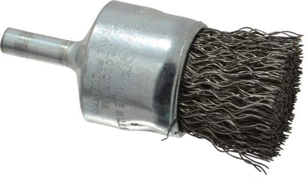 Weiler - 1" Brush Diam, Crimped, End Brush - 1/4" Diam Steel Shank, 22,000 Max RPM - Industrial Tool & Supply