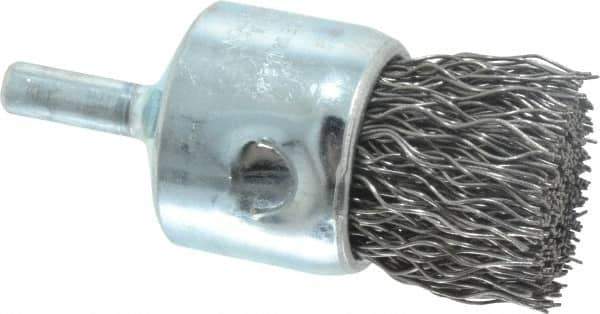 Weiler - 1" Brush Diam, Crimped, End Brush - 1/4" Diam Steel Shank, 22,000 Max RPM - Industrial Tool & Supply