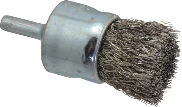 Weiler - 1" Brush Diam, Crimped, End Brush - 1/4" Diam Steel Shank, 22,000 Max RPM - Industrial Tool & Supply