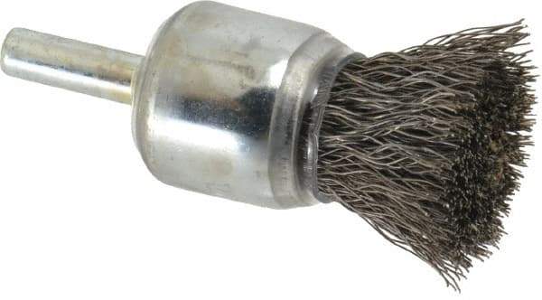Weiler - 3/4" Brush Diam, Crimped, End Brush - 1/4" Diam Steel Shank, 22,000 Max RPM - Industrial Tool & Supply