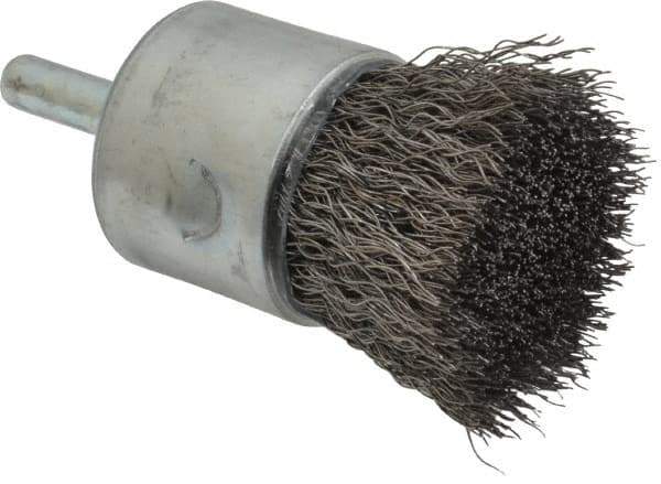 Weiler - 1" Brush Diam, Crimped, End Brush - 1/4" Diam Steel Shank, 22,000 Max RPM - Industrial Tool & Supply