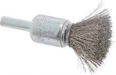 Weiler - 1/2" Brush Diam, Crimped, End Brush - 1/4" Diam Steel Shank, 25,000 Max RPM - Industrial Tool & Supply