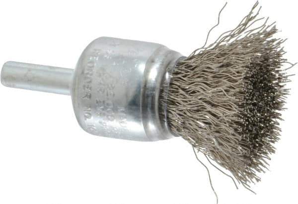 Weiler - 3/4" Brush Diam, Crimped, End Brush - 1/4" Diam Steel Shank, 22,000 Max RPM - Industrial Tool & Supply