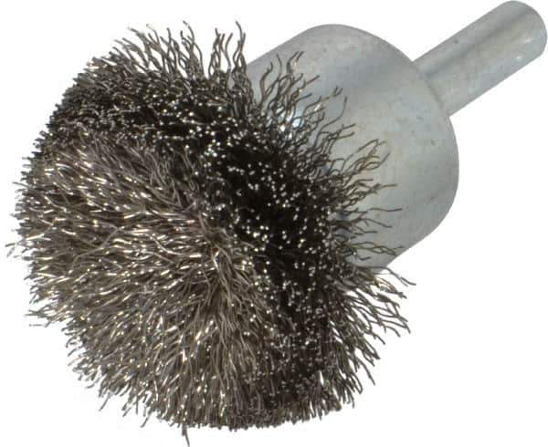 Weiler - 1-1/2" Brush Diam, Crimped, Flared End Brush - 1/4" Diam Shank, 20,000 Max RPM - Industrial Tool & Supply