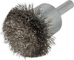 Weiler - 1-1/2" Brush Diam, Crimped, Flared End Brush - 1/4" Diam Shank, 20,000 Max RPM - Industrial Tool & Supply