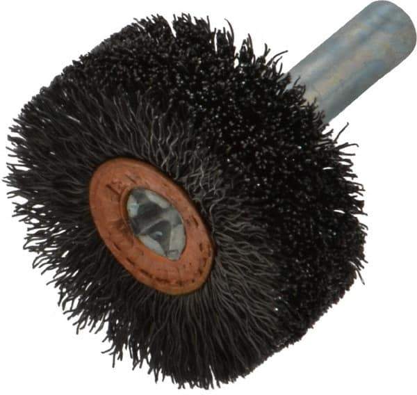 Weiler - 1-1/4" OD, 1/4" Shank Diam, Crimped Steel Wheel Brush - 1/2" Face Width, 3/8" Trim Length, 0.008" Filament Diam, 20,000 RPM - Industrial Tool & Supply