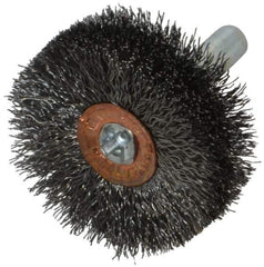 Weiler - 1-1/2" OD, 1/4" Shank Diam, Crimped Steel Wheel Brush - 1/2" Face Width, 1/2" Trim Length, 0.008" Filament Diam, 20,000 RPM - Industrial Tool & Supply