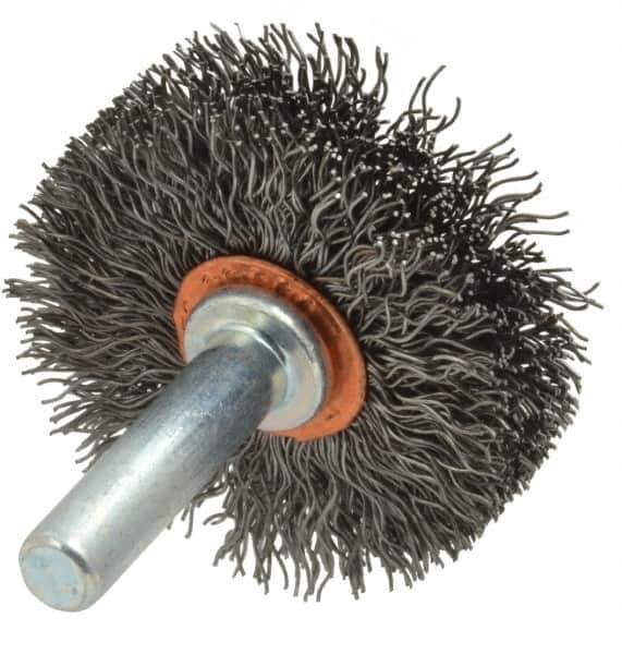 Weiler - 1-1/2" OD, 1/4" Shank Diam, Crimped Steel Wheel Brush - 1/2" Face Width, 1/2" Trim Length, 0.0118" Filament Diam, 20,000 RPM - Industrial Tool & Supply