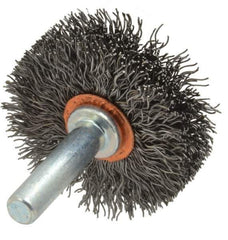 Weiler - 1-1/2" OD, 1/4" Shank Diam, Crimped Steel Wheel Brush - 1/2" Face Width, 1/2" Trim Length, 0.0118" Filament Diam, 20,000 RPM - Industrial Tool & Supply