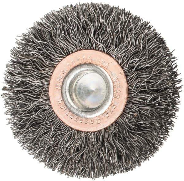 Weiler - 2" OD, 1/4" Shank Diam, Crimped Steel Wheel Brush - 3/8" Face Width, 1/2" Trim Length, 0.0118" Filament Diam, 20,000 RPM - Industrial Tool & Supply