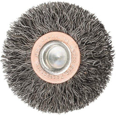 Weiler - 2" OD, 1/4" Shank Diam, Crimped Steel Wheel Brush - 3/8" Face Width, 1/2" Trim Length, 0.0118" Filament Diam, 20,000 RPM - Industrial Tool & Supply