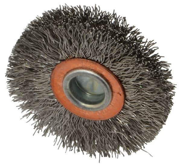 Weiler - 2" OD, 1/4" Shank Diam, Crimped Stainless Steel Wheel Brush - 3/8" Face Width, 1/2" Trim Length, 0.0118" Filament Diam, 20,000 RPM - Industrial Tool & Supply