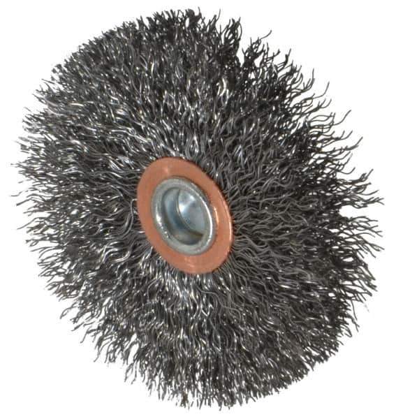 Weiler - 3" OD, 1/4" Shank Diam, Crimped Steel Wheel Brush - 1/2" Face Width, 1" Trim Length, 0.0118" Filament Diam, 20,000 RPM - Industrial Tool & Supply