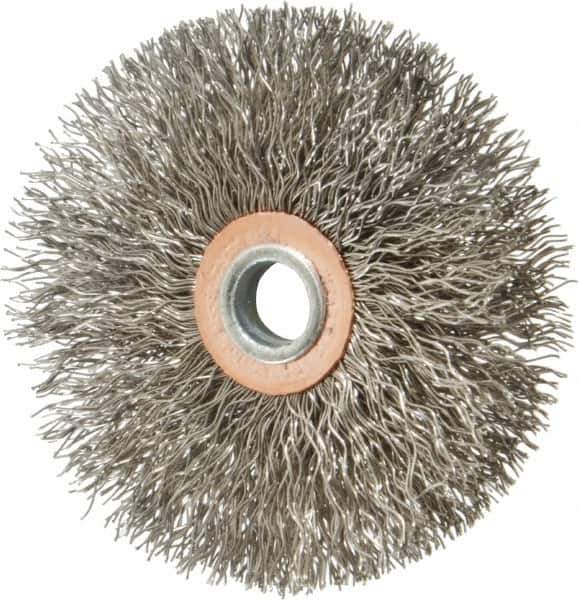 Weiler - 3" OD, 1/4" Shank Diam, Crimped Stainless Steel Wheel Brush - 1/2" Face Width, 1" Trim Length, 0.014" Filament Diam, 20,000 RPM - Industrial Tool & Supply