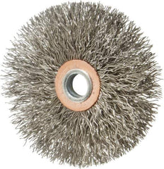 Weiler - 3" OD, 1/4" Shank Diam, Crimped Stainless Steel Wheel Brush - 1/2" Face Width, 1" Trim Length, 0.014" Filament Diam, 20,000 RPM - Industrial Tool & Supply