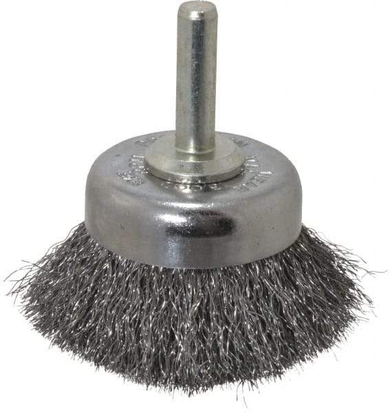 Weiler - 1-3/4" Diam, 1/4" Shank Diam, Steel Fill Cup Brush - 0.006 Wire Diam, 3/4" Trim Length, 13,000 Max RPM - Industrial Tool & Supply