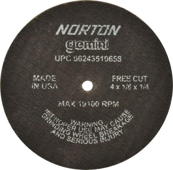 Norton - 4" Aluminum Oxide Cutoff Wheel - 1/8" Thick, 1/4" Arbor, 19,100 Max RPM, Use with Die Grinders - Industrial Tool & Supply