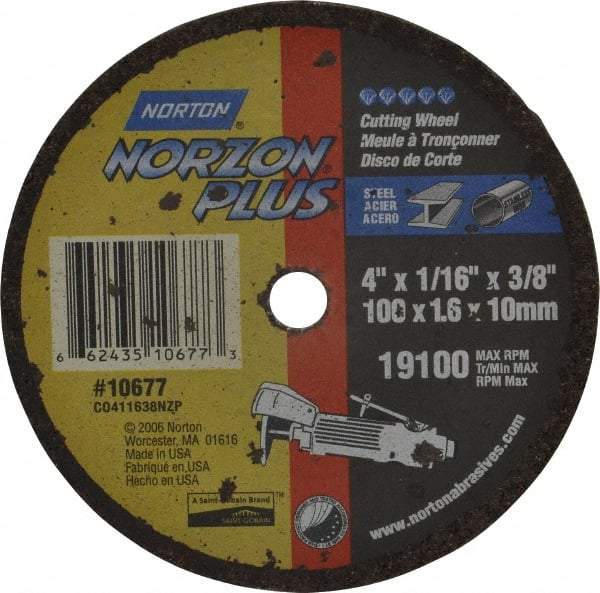 Norton - 4" Ceramic Cutoff Wheel - 1/16" Thick, 3/8" Arbor, 19,100 Max RPM, Use with Die Grinders - Industrial Tool & Supply