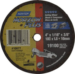 Norton - 4" Ceramic Cutoff Wheel - 1/16" Thick, 3/8" Arbor, 19,100 Max RPM, Use with Die Grinders - Industrial Tool & Supply