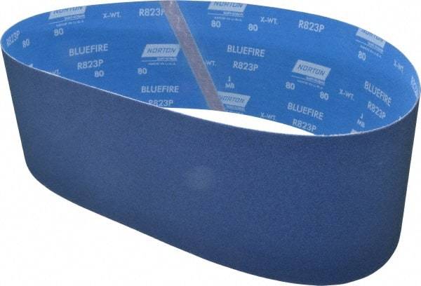 Norton - 6" Wide x 48" OAL, 80 Grit, Zirconia Alumina Abrasive Belt - Zirconia Alumina, Medium, Coated, X Weighted Cloth Backing, Series R823 - Industrial Tool & Supply