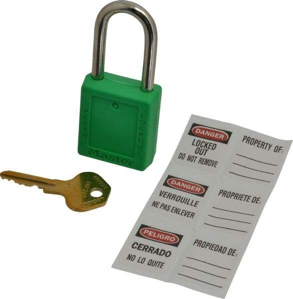 Master Lock - Keyed Alike Conductive Lockout Padlock - 1-1/2" Shackle Clearance, 1/4" Shackle Diam, 1-3/4" Body Height x 1-1/2" Body Width, Green, 6 Pins - Industrial Tool & Supply