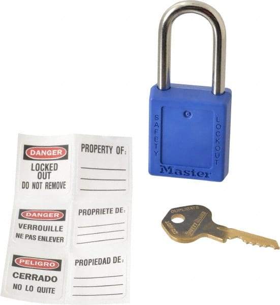 Master Lock - Keyed Alike Conductive Lockout Padlock - 1-1/2" Shackle Clearance, 1/4" Shackle Diam, 1-3/4" Body Height x 1-1/2" Body Width, Blue, 6 Pins - Industrial Tool & Supply