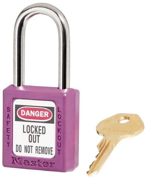 Master Lock - Keyed Alike Conductive Lockout Padlock - 1-1/2" Shackle Clearance, 1/4" Shackle Diam, 1-3/4" Body Height x 1-1/2" Body Width, Purple, 6 Pins - Industrial Tool & Supply