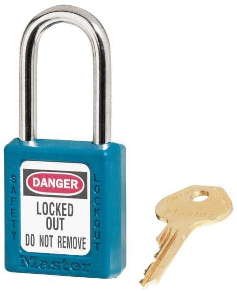 Master Lock - Keyed Alike Conductive Lockout Padlock - 1-1/2" Shackle Clearance, 1/4" Shackle Diam, 1-3/4" Body Height x 1-1/2" Body Width, Teal, 6 Pins - Industrial Tool & Supply