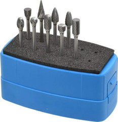 Made in USA - 9 Piece, 1/8" Shank Burr Set - Solid Carbide, Multiple Head Shapes - Industrial Tool & Supply