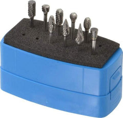 Made in USA - 9 Piece, 1/8" Shank Burr Set - Solid Carbide, Multiple Head Shapes - Industrial Tool & Supply