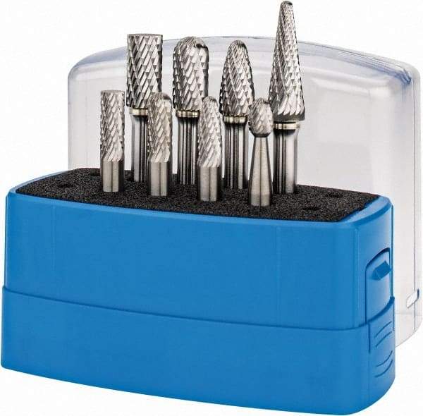 Made in USA - 8 Piece, 1/4" Shank Burr Set - Tungsten Carbide, Multiple Head Shape - Industrial Tool & Supply