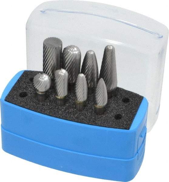 Made in USA - 8 Piece, 1/4" Shank Burr Set - Solid Carbide, Multiple Head Shapes, 14° Included Angle - Industrial Tool & Supply