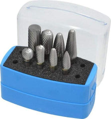 Made in USA - 8 Piece, 1/4" Shank Burr Set - Solid Carbide, Multiple Head Shapes, 14° Included Angle - Industrial Tool & Supply