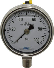 Wika - 2-1/2" Dial, 1/4 Thread, 0-100 Scale Range, Pressure Gauge - Lower Connection Mount, Accurate to 2-1-2% of Scale - Industrial Tool & Supply