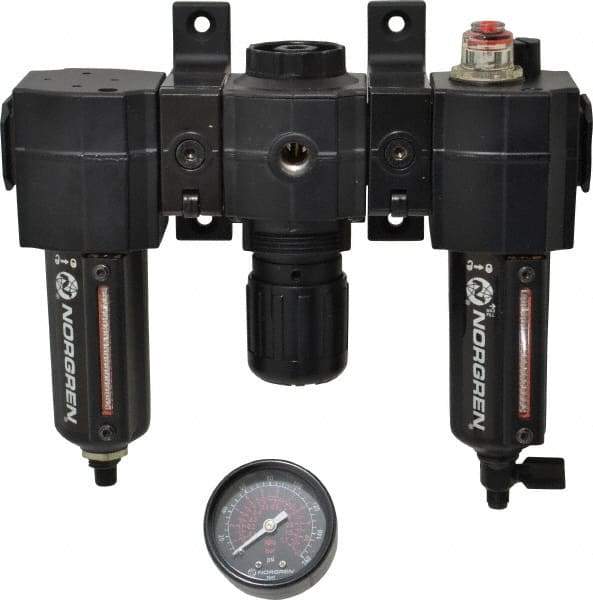 Norgren - 3/8" NPT Port Intermediate 3 Piece Filter-Regulator-Lubricator FRL Unit - Metal Bowl, 75 SCFM, 250 Max psi, 82" High x 9.13" Long, Automatic Drain - Industrial Tool & Supply