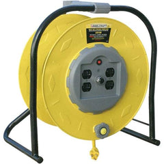 Reelcraft - 10 AWG, 100' Cable Length, Cord & Cable Reel with Quad Outlet End - 4 Outlets, 15 Amps, 125 Volts, STW Cable, Yellow Reel, Hand Crank Reel - Industrial Tool & Supply