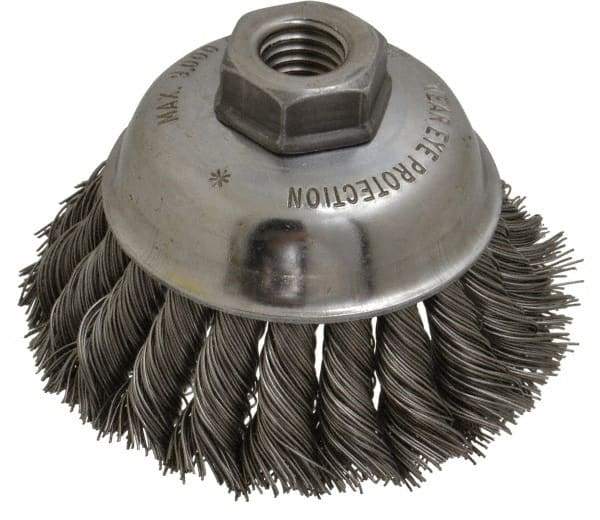 Anderson - 3-1/2" Diam, 5/8-11 Threaded Arbor, Steel Fill Cup Brush - 0.02 Wire Diam, 1-1/4" Trim Length, 9,000 Max RPM - Industrial Tool & Supply