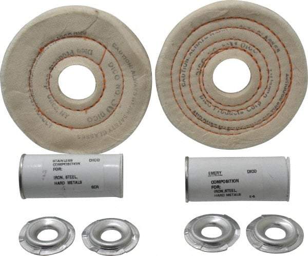 Dico - 4" Diam Cushion Sewn, Spiral Sewn Buffing Wheel Set - 1/2" Arbor Hole, Emery - Industrial Tool & Supply