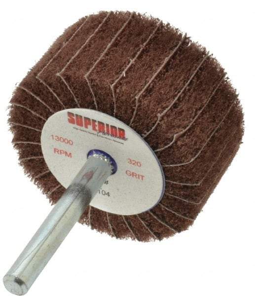 Superior Abrasives - 2" Diam x 1" Face Width, Extra Fine Aluminum Oxide Nonwoven & Coated Mounted Flap Wheel - 1/4" Shank Mount, 320 Grit, Interleaf, Cloth Backing, 12,000 Max RPM - Industrial Tool & Supply