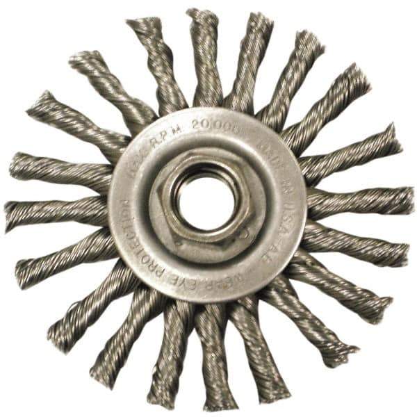 Anderson - 4" OD, M10x1.50 Arbor Hole, Knotted Steel Wheel Brush - 3/8" Face Width, 1" Trim Length, 0.02" Filament Diam, 20,000 RPM - Industrial Tool & Supply