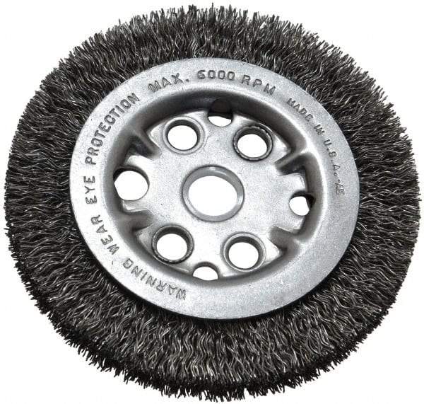 Anderson - 4-1/4" OD, 5/8" Arbor Hole, Crimped Steel Wheel Brush - 3/4" Face Width, 5/8" Trim Length, 0.014" Filament Diam, 6,000 RPM - Industrial Tool & Supply