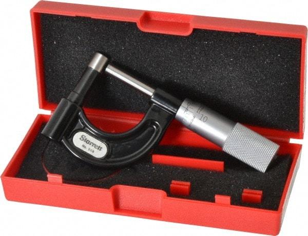 Starrett - 1 Inch Measurement Range, 0.001 Inch Graduation, Post Anvil, Plain Thimble, Mechanical Anvil, Tube Micrometer - 39/64 Inch Head Diameter, Satin Chrome Finish, Carbide, Includes Case - Industrial Tool & Supply