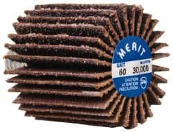 Merit Abrasives - 1" Diam x 1" Face Width, Medium Ceramic Alumina Coated Mounted Flap Wheel - 1/4-20 Threaded Mount, 60 Grit, Cloth Backing, 30,000 Max RPM - Industrial Tool & Supply